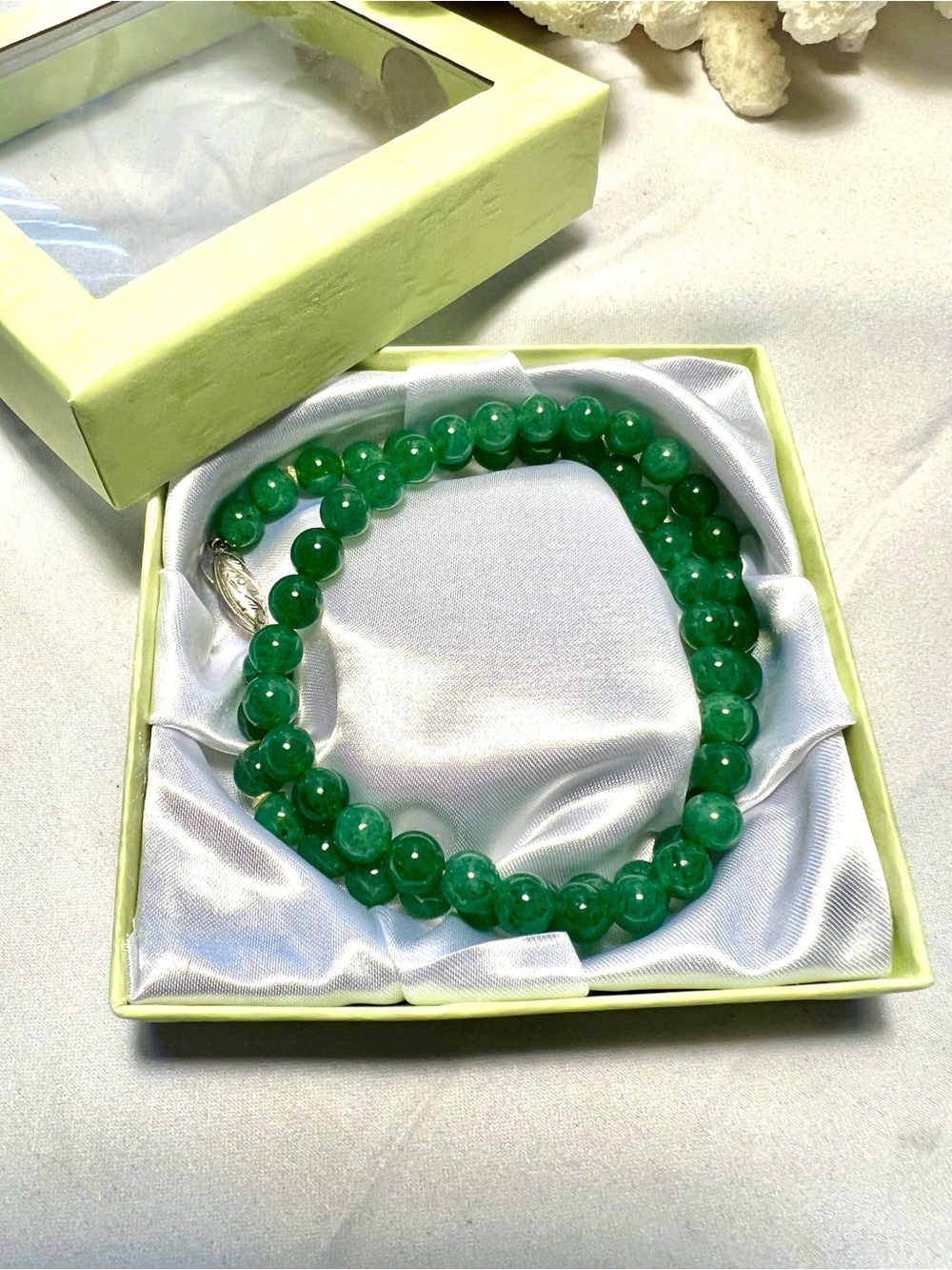 Green Aventurine Necklace, silver lobster clasp, 17”long, 7mm beads.